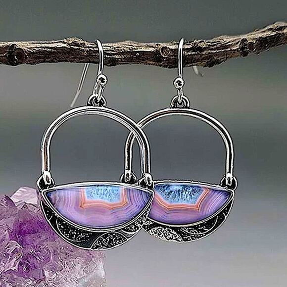 Vintage Handmade Silver Purple Hollow Out Boho Dangle Earrings - Picture 5 of 5